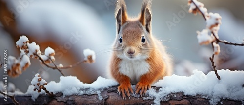 Adorable red squirrel in a cold winter forest setting. Concept of cards for Christmas and New Year. photo