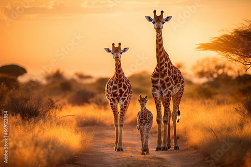 Mother and baby giraffes walking together through the savana at sunset © Kien