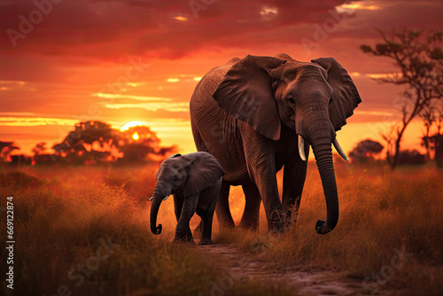 Mother and baby elephants walking together through the savana at sunset