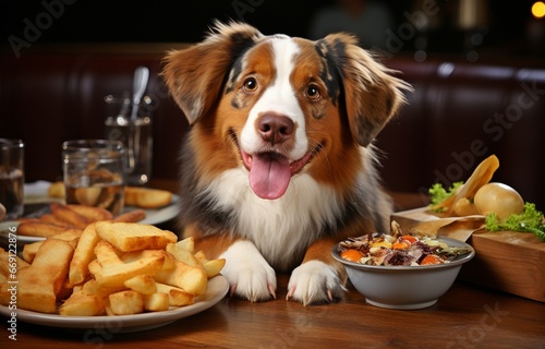 Sweet  intelligent puppy at the dinner table.