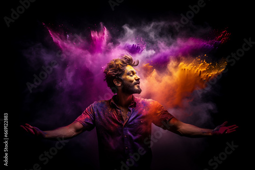 Enchanting Beauty Amidst a Burst of Colorful Gulal, a stunning caucasian male model on mesmerizing display of colourful powder thrown in surrounding
