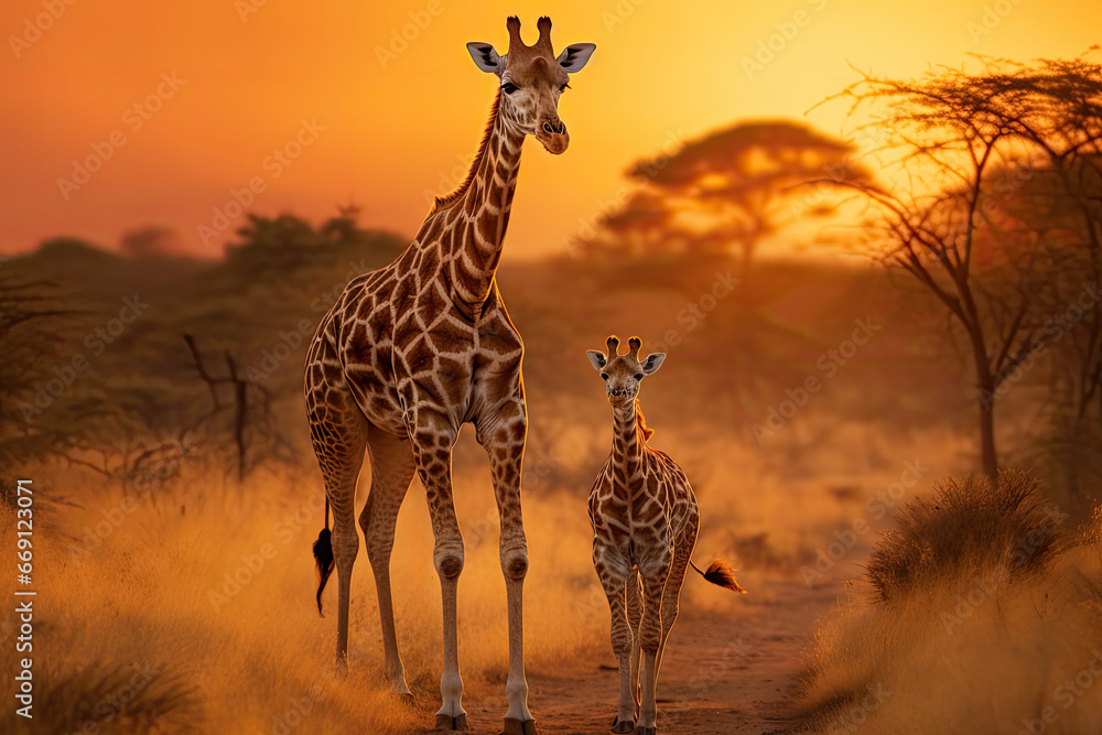 Mother and baby giraffes walking together through the savana at sunset