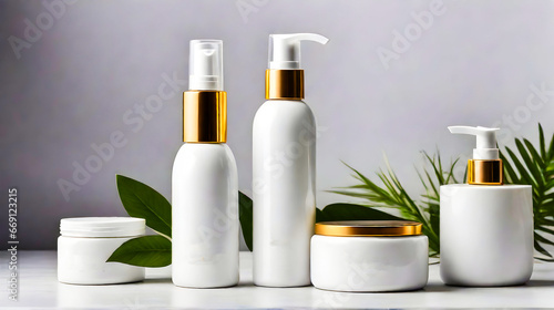 business concept  product display  natural cosmetic white small bottle  Product presentation. wooden table   plant with pot  Beauty and body care product with copy space 