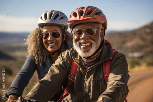 Elderly smiling couple in safety helmets riding bicycles together to stay fit and healthy. African American seniors having fun on a bike ride on country road. Active lifestyle for retired people.