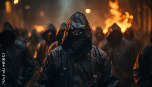 men who are masked criminals and part of the mafia. with fire in the background, created by ai