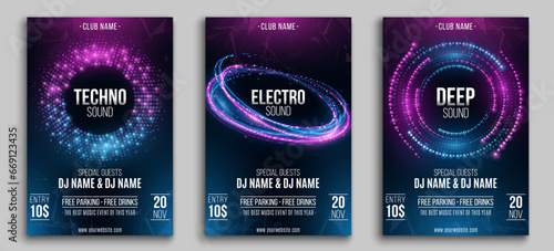Set of flyers for your club party. Abstract design for your musical event. Digital circles of flickering particles with light effect of neon swirling lines. Vector illustration.