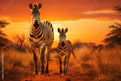 Mother and baby zebra walking together through the savana at sunset