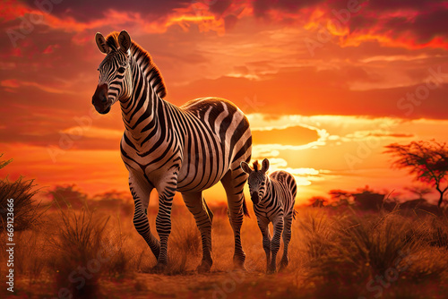 Mother and baby zebra walking together through the savana at sunset © Kien