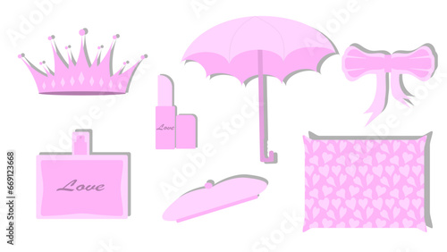 vector, illustration, pink, set, pack, collection, perfume, crown, diadem, pomade, bow, beret, umbrella, romantic