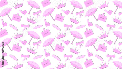 vector, illustration, pattern, pink, perfume, crown, diadem, pomade, bow, beret, umbrella, romantic