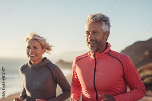 Athletic adult couple jogging along the picturesque seashore. Mature slender Caucasian man and woman in sportswear having fun and smiling while running. Active lifestyle in country environment.