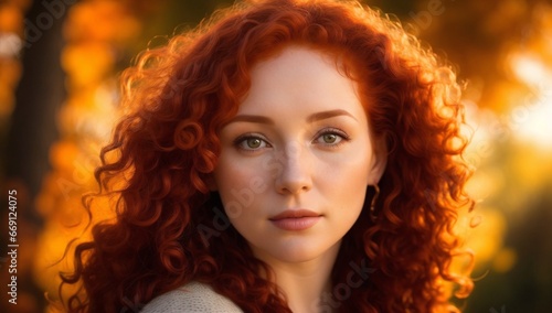 Portrait of beautiful woman with red curly hair. Young redhair female outdoor during autumn. photo