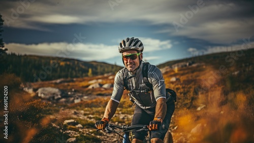 A professional cyclist is shown in this portrait riding a bicycle through a natural area while wearing a helmet and glasses..