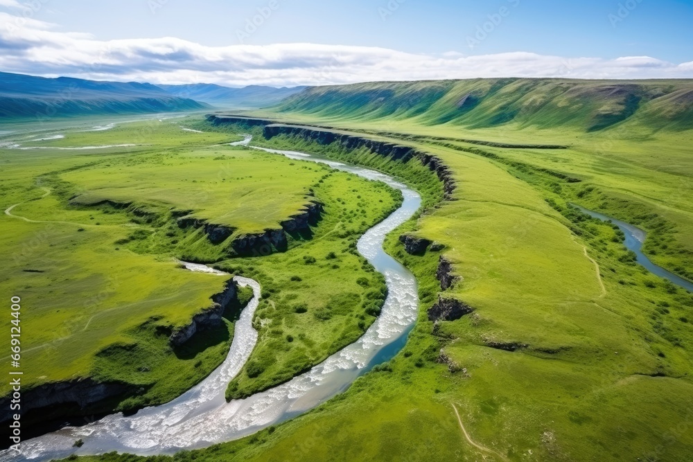 Aerial view and top view river in green fields Aerial view and top view river in green fields