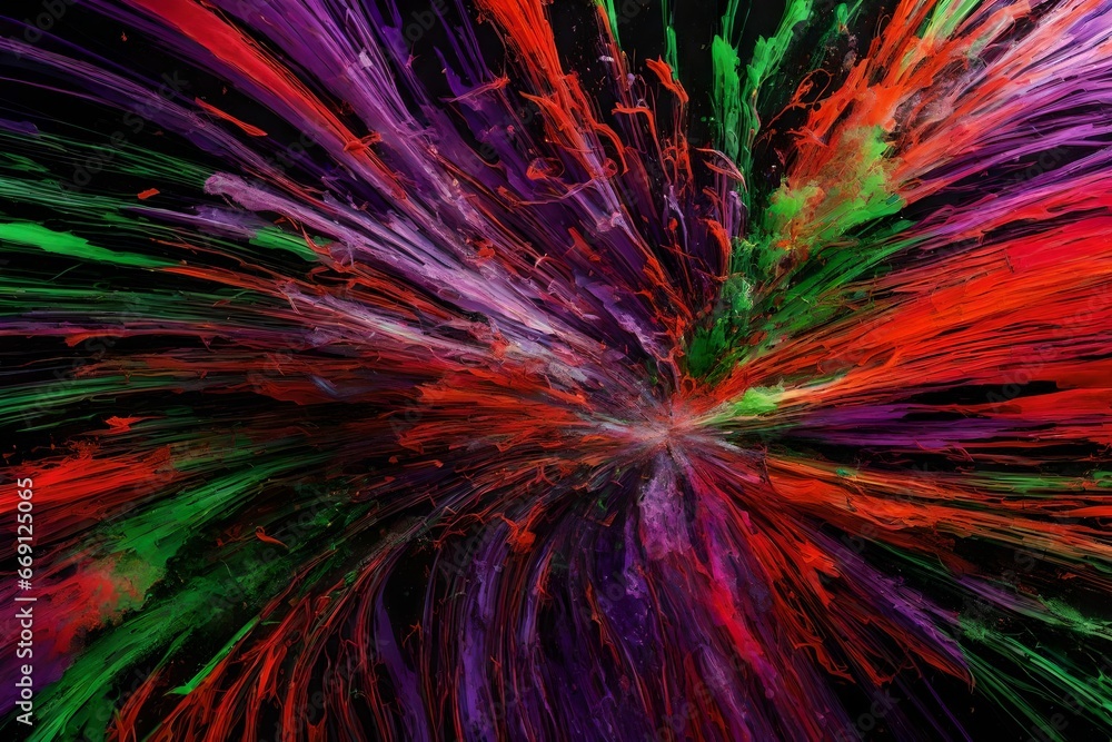 Vivid Bursts of Neon Purple, Electric Green, and Fiery Red Frozen in Abstract Explosion, Embracing Chaotic Beauty.