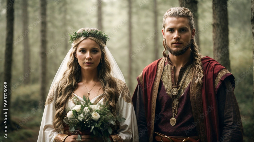 Obraz premium Vikings, bride and groom, in traditional outfits, stand in the forest.