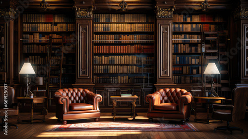 Luxury library interior with bookshelves, coffee table, leather armchairs and vintage bookcase.