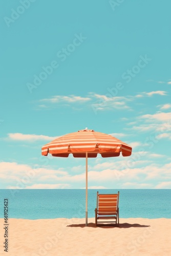 Beautiful sandy tropical beach with beach chair and blue skY. Beautiful beach background for vacation holiday. travel tourism wide panorama background concept. Amazing beach landscape. Generative AI