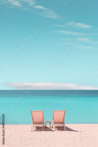 Beautiful sandy tropical beach with beach chair and blue skY. Beautiful beach background for vacation holiday. travel tourism wide panorama background concept. Amazing beach landscape. Generative AI