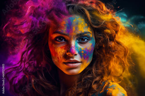 Enchanting Beauty Amidst a Burst of Colorful Gulal, 
a stunning caucasian female model on mesmerizing display of colourful powder thrown in surrounding