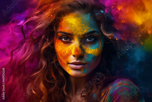 Enchanting Beauty Amidst a Burst of Colorful Gulal, a stunning caucasian female model on mesmerizing display of colourful powder thrown in surrounding