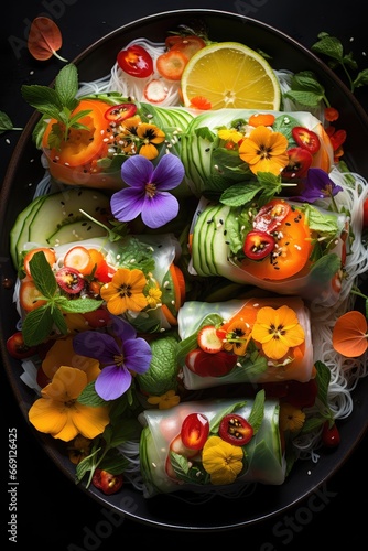 A plate of colorful and refreshing summer rolls, filled with fresh vegetables and served with peanut dipping sauce.