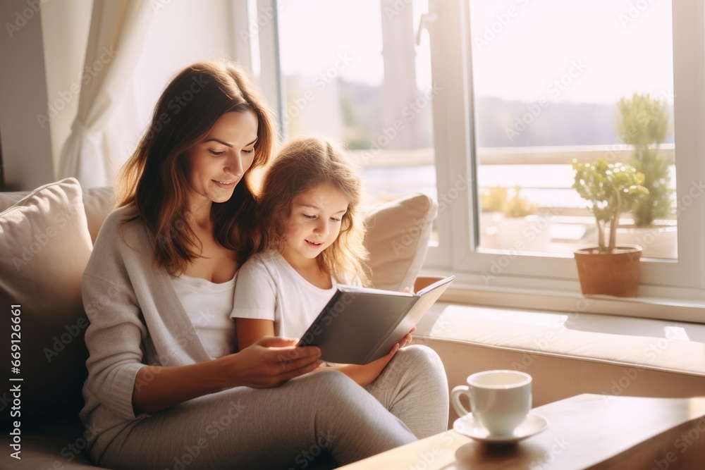 parent child boding time: happy mother and daughter sitting on a couch and watching or reading something on a tablet together, warm cozy atmosphere indoors parent child boding time: happy mother and daughter sitting on a couch and watching or reading something on a tablet together, warm cozy atmosphere indoors