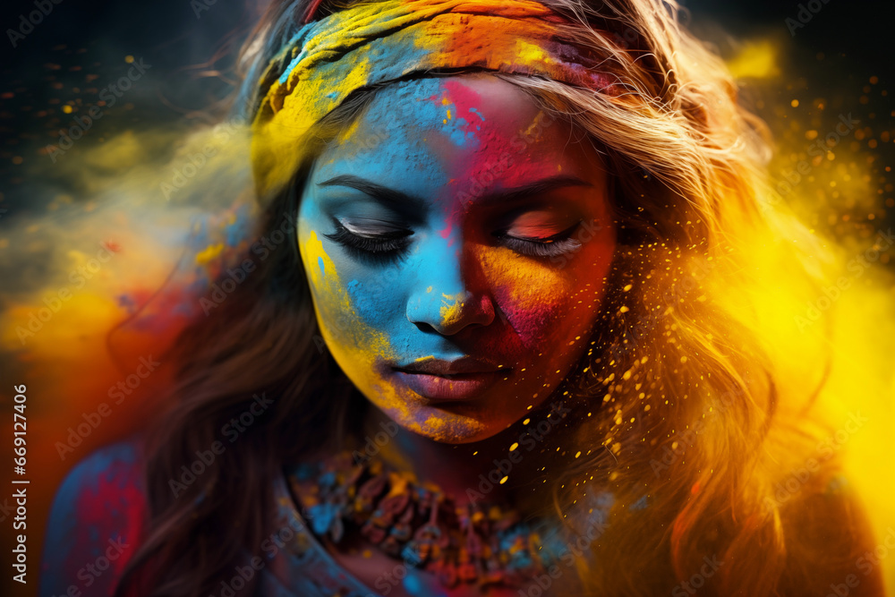 Enchanting Beauty Amidst a Burst of Colorful Gulal, 
a stunning  Indian female model on mesmerizing display of colourful powder thrown in surrounding