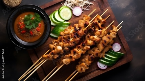 Chicken Satay or Sate Ayam famous food. Is a dish of seasoned, skewered and grilled meat, served with a peanut sauce. Top view copyspace