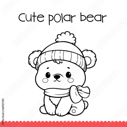 Cute Polar Bear Coloring Page for kids. Vector Illustration.