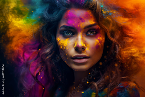 Enchanting Beauty Amidst a Burst of Colorful Gulal, a stunning caucasian female model on mesmerizing display of colourful powder thrown in surrounding