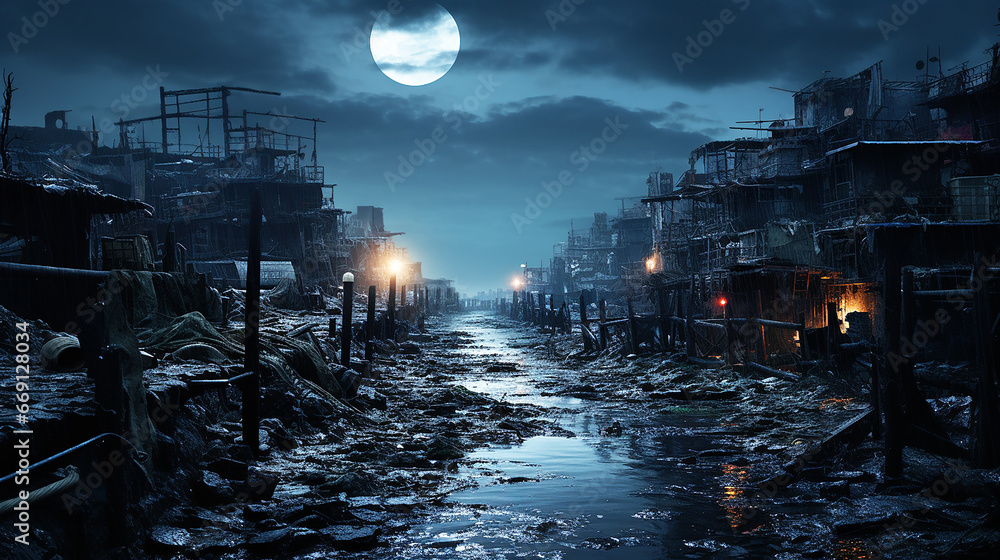 夜のスラム街の風景