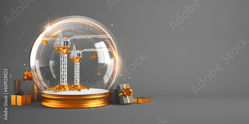 Fototapeta Naklejka Na Ścianę i Meble -  A snow globe with miniature cranes inside. Christmas and New Year 3d render illustration.
