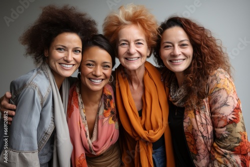 Half-length portrait of four cheerful senior diverse multiethnic women. Female friends smiling at camera while posing together. Diversity, beauty, friendship concept. Isolated over grey background. © Georgii