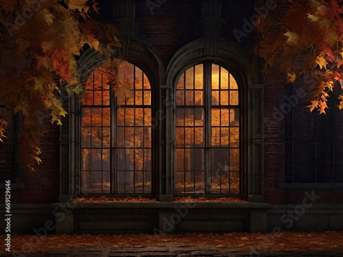 Window view on autumn park. Generative Ai