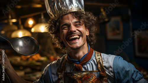 A funny chef playfully wielding a ladle as if it were a knight's sword, defending their culinary kingdom with a gleeful expression