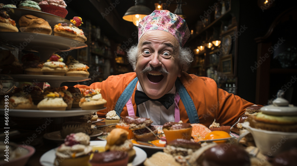 A chef decked out in wild, mismatched culinary attire, adding humor and chaos to their culinary creations in a quirky kitchen setting A chef decked out in wild, mismatched culinary attire, adding humor and chaos to their culinary creations in a quirky kitchen setting
