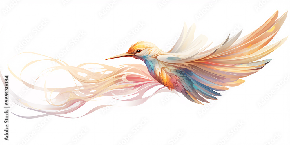 Fototapeta premium Illustrative drawing of a bird with abstract shapes. Pastel tones and white background.