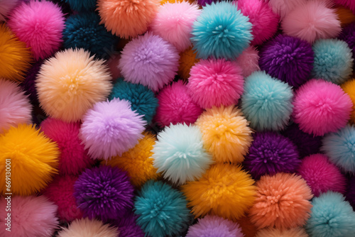 assorted pom poms made from colorful wool in different sizes, craft background texture photo