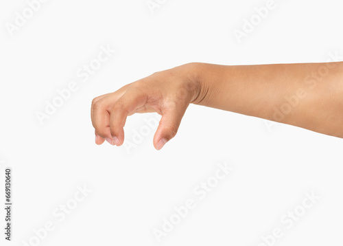 Closeup of a child's hand with catching down gesture against a white background