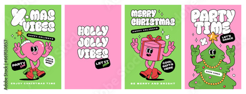 Merry Christmas groovy funny cartoon posters. Christmas tree,gift box and cute heart character in trendy funky retro cartoon style. Greeting cards, template, posters, prints and backgrounds.