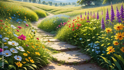 Peaceful Meadow, Step out into a tranquil meadow where colorful wildflowers sway gently in the breeze and butterflies dance among the tall grass, creating a serene, idyllic scene. Generative AI