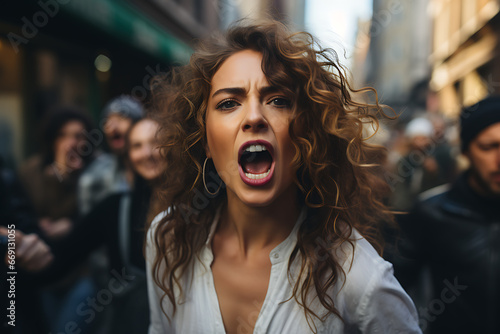 woman in street, angery, mouth open