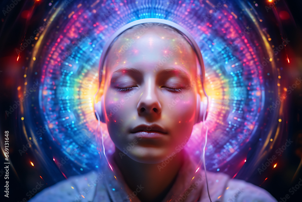 person with headphones, cyber, futuristic, rainbow lights person with headphones, cyber, futuristic, rainbow lights