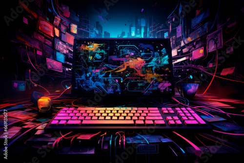 Gaming computer desktop, monitor and keyboard in abstract neon light