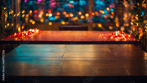 A wooden table with a blurred background of a restaurant or bar with colorful lights. The table is empty and the focus is on the table surface