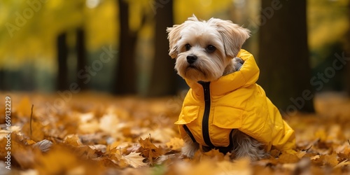 Dog in yellow down vest jacket in forest autumn nature, generative ai © OP38Studio
