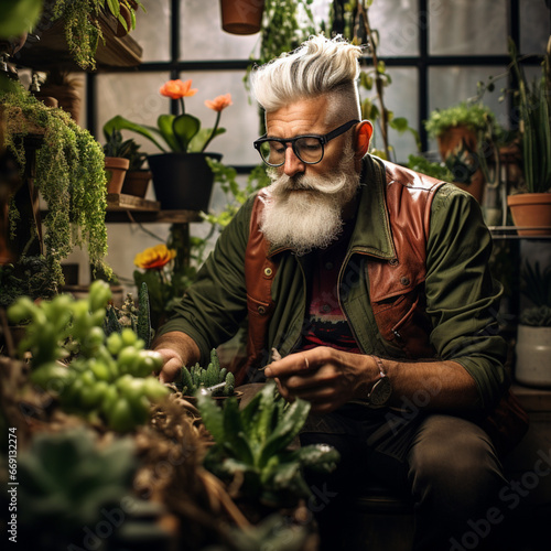Urban Hipster Farmer Harvesting Vegetables from the Rooftop Greenhouse Garden, Man Planting Crops in Communal Garden. Love Gardening and House Plants. Generative AI