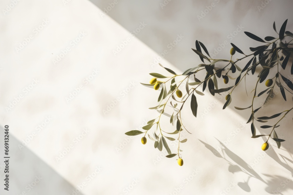 Obraz premium Shadows of olive oil tree leaves, branches over white wall. Summer background, sunlight overlay, empty copy space, horizontal