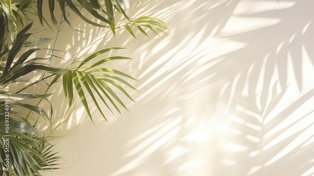 Shadows of palm tree leaves, branches over white wall. Summer background, sunlight overlay, empty copy space, horizontal Shadows of palm tree leaves, branches over white wall. Summer background, sunlight overlay, empty copy space, horizontal